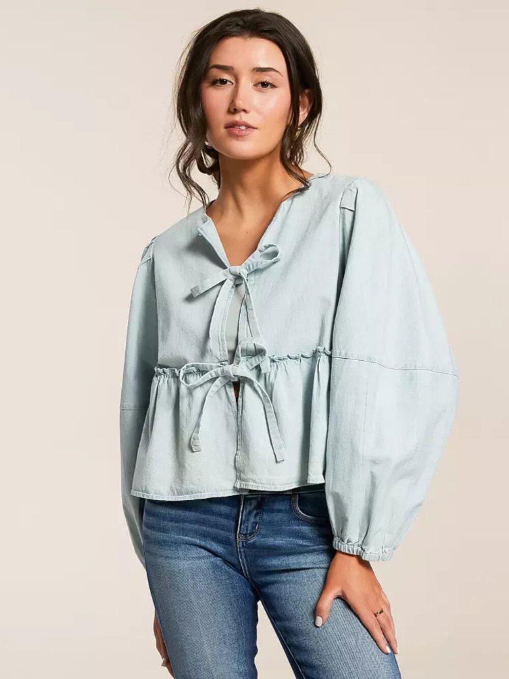 Free People Pale Blue Tie-Detail Peasant Blouse